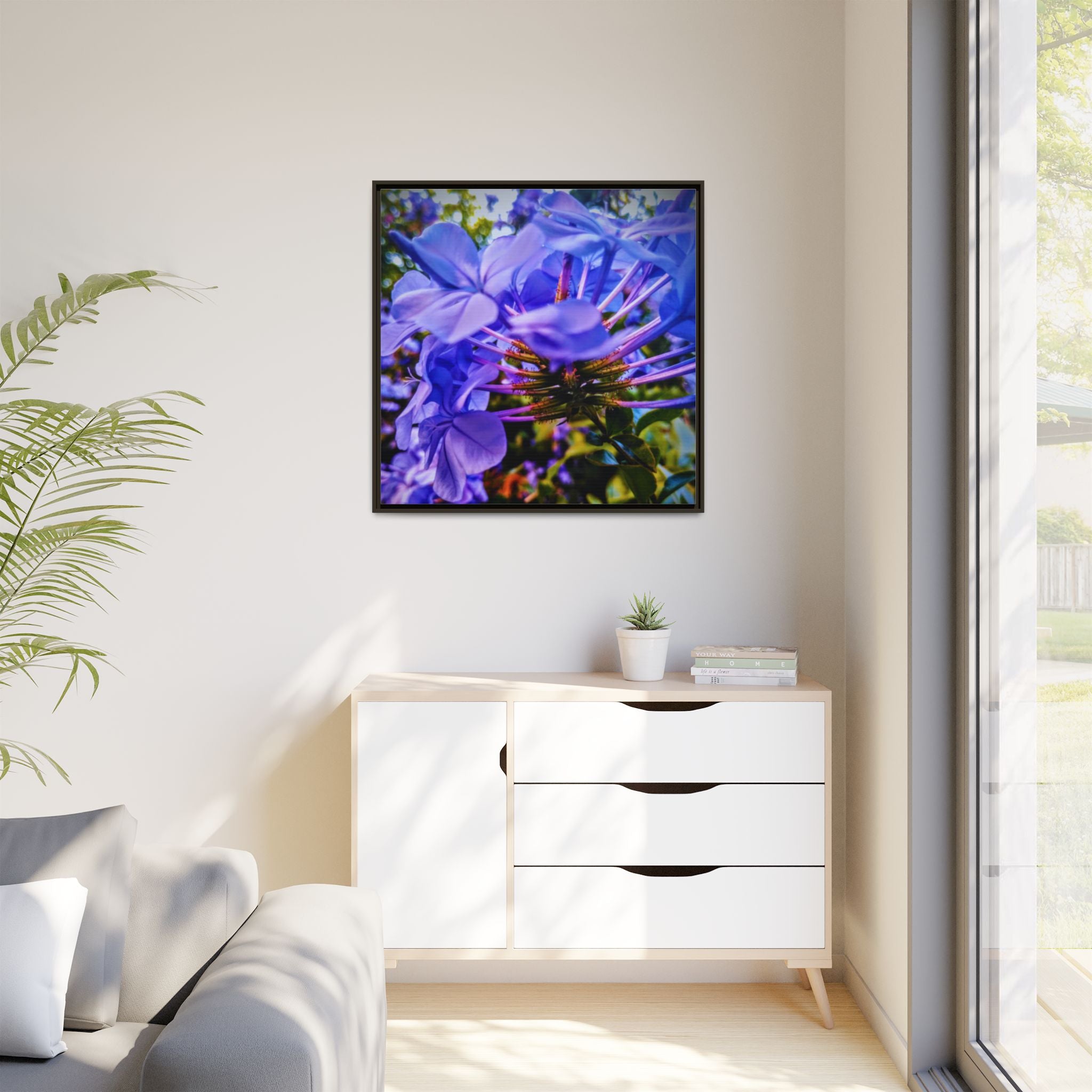 Blue Hydrangea Stem Matte Canvas Wall Art — Vibrant Close-Up Botanical Floral Print
