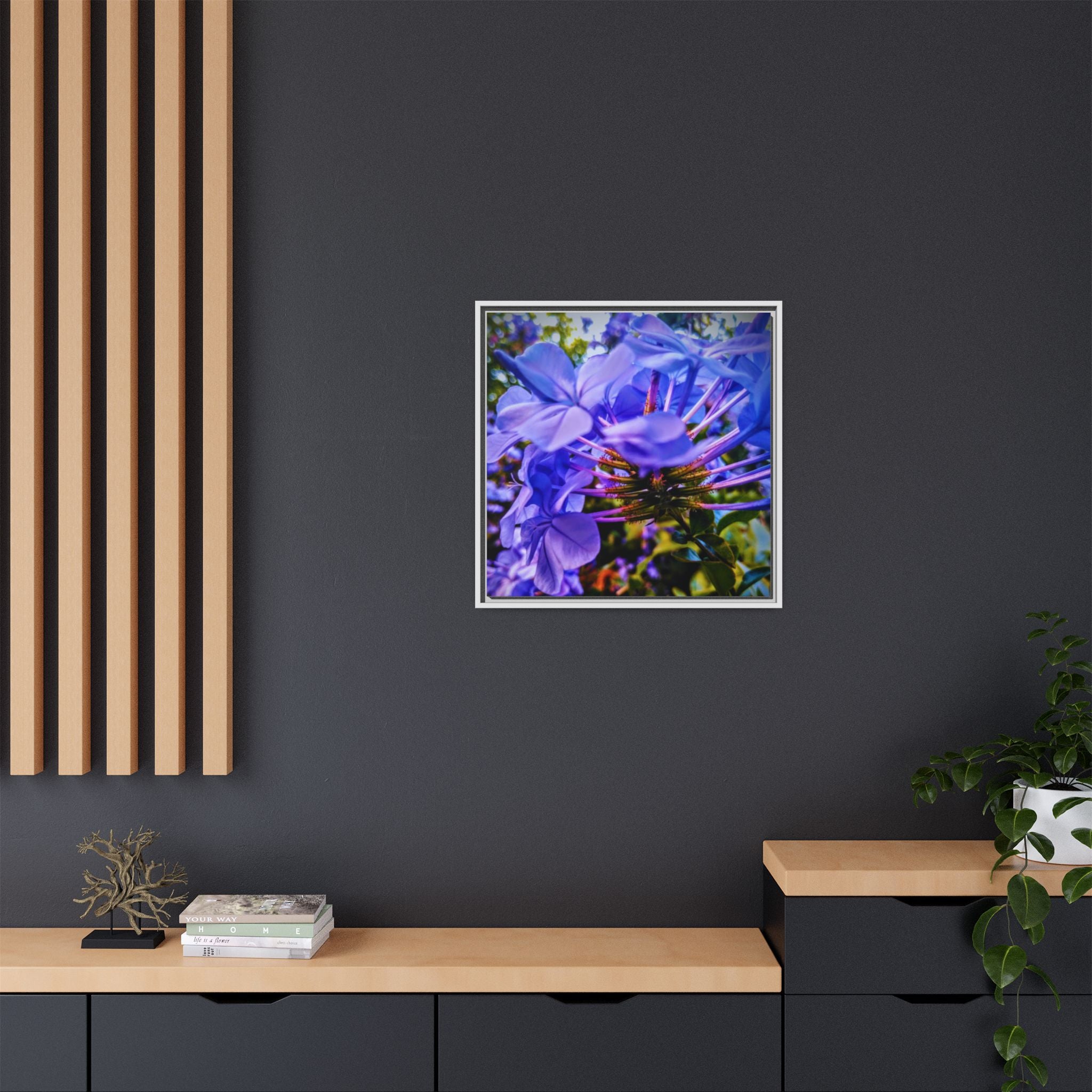 Blue Hydrangea Stem Matte Canvas Wall Art — Vibrant Close-Up Botanical Floral Print