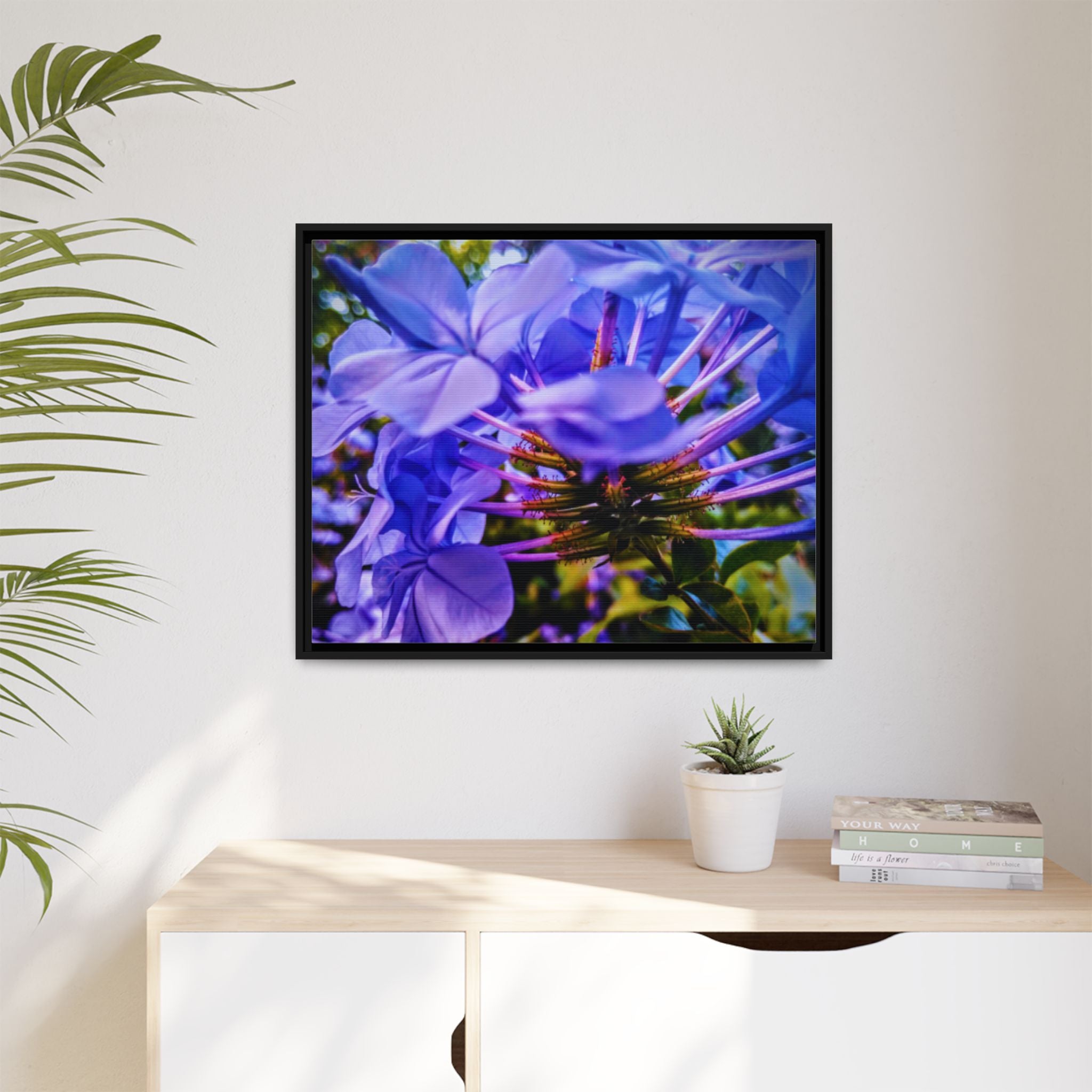 Blue Hydrangea Stem Matte Canvas Wall Art — Vibrant Close-Up Botanical Floral Print