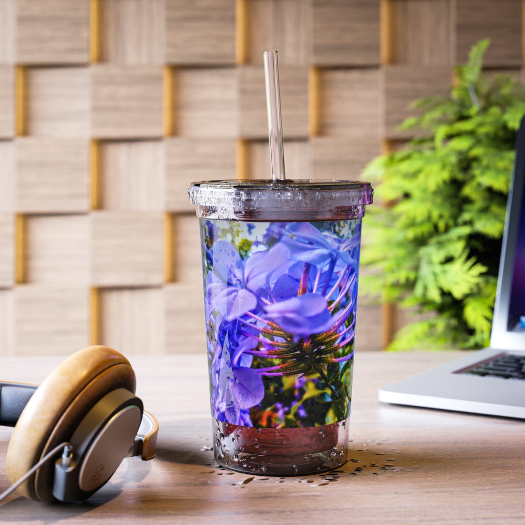 Blue Hydrangea Stem Acrylic Tumbler — Vibrant Purple Floral Print Reusable Cup