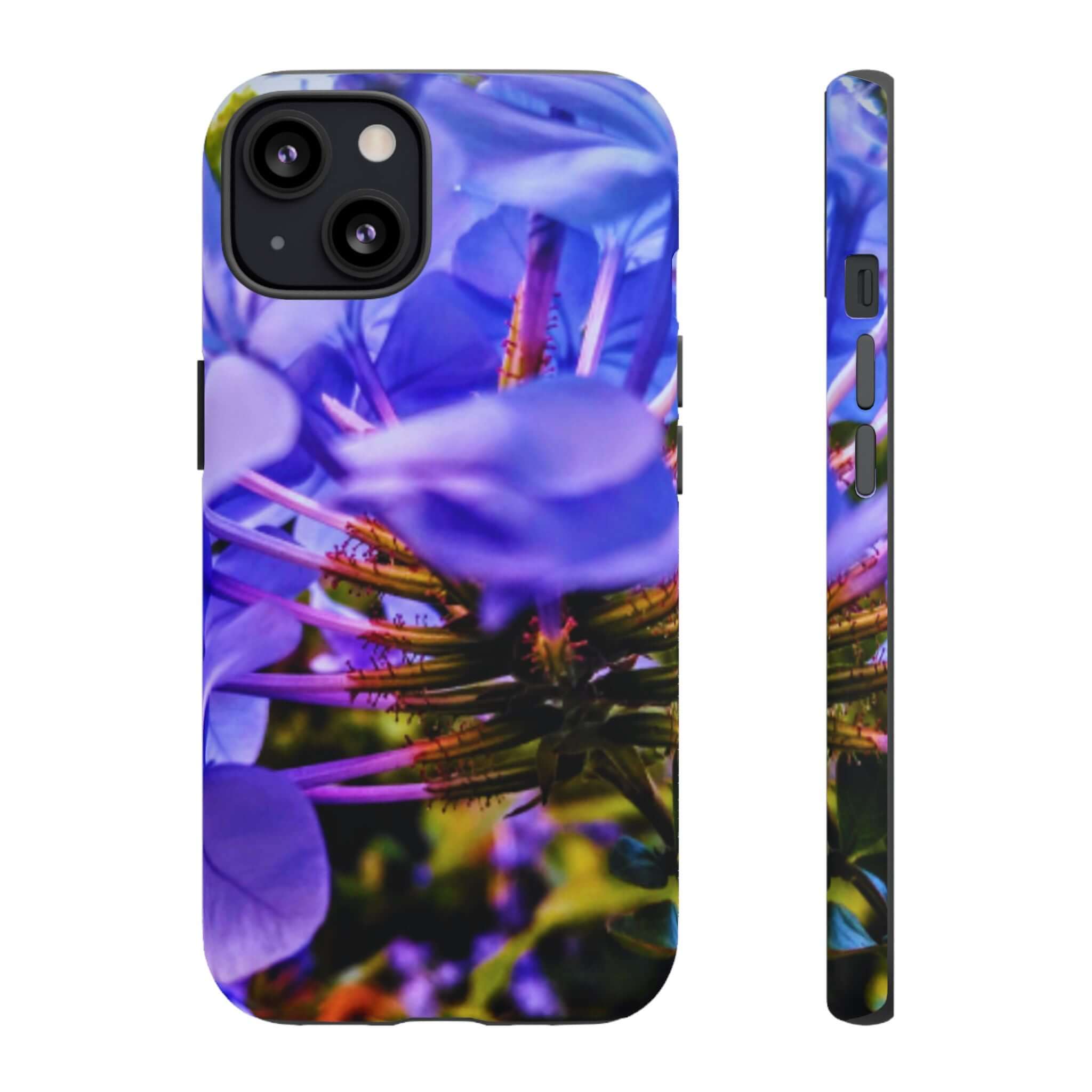 blue hydrangea stem protective case: blue hydrangea stem protective case on dual-layer phone case with vivid purple petals and glossy finish