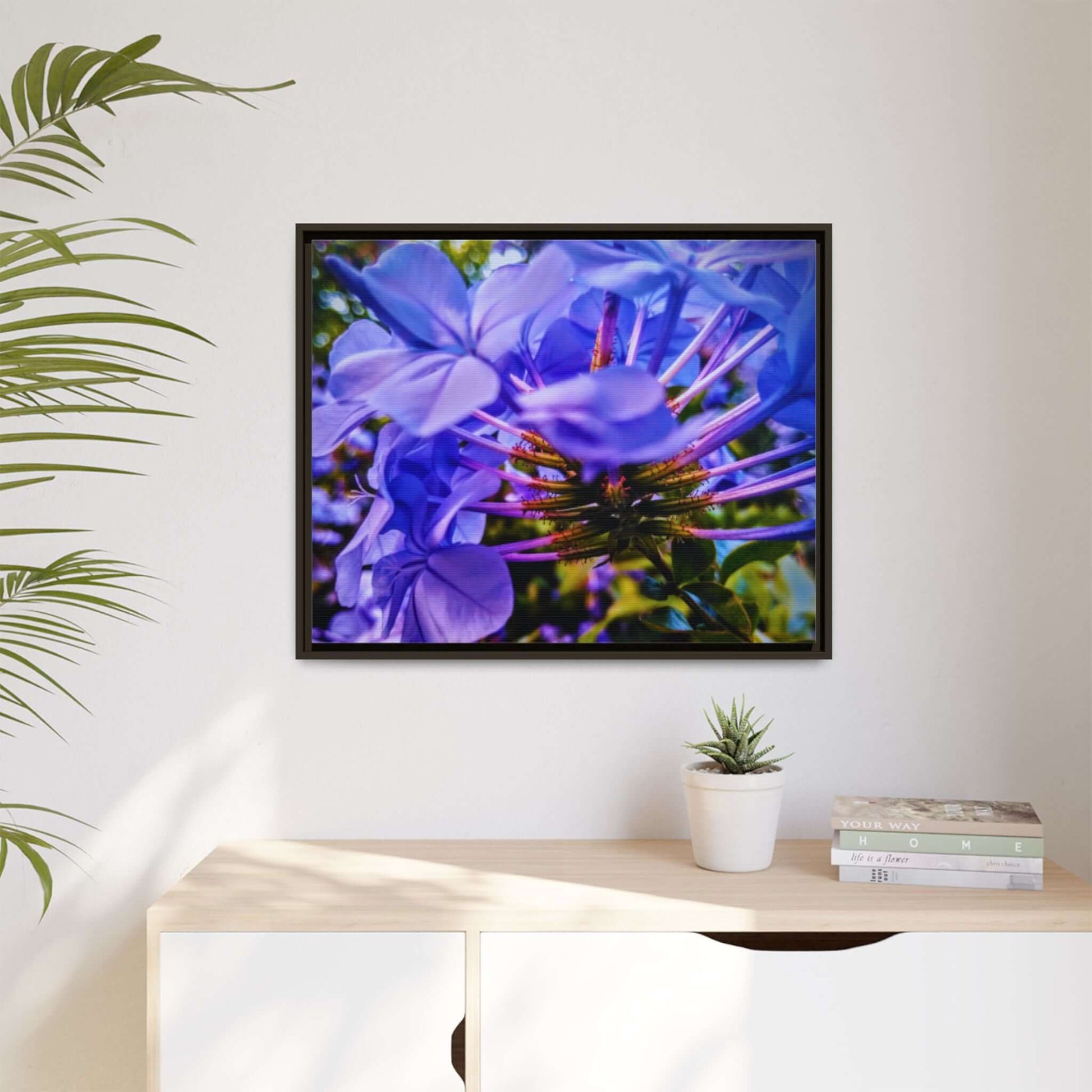 Blue Hydrangea Stem Matte Canvas Wall Art — Vibrant Close-Up Botanical Floral Print