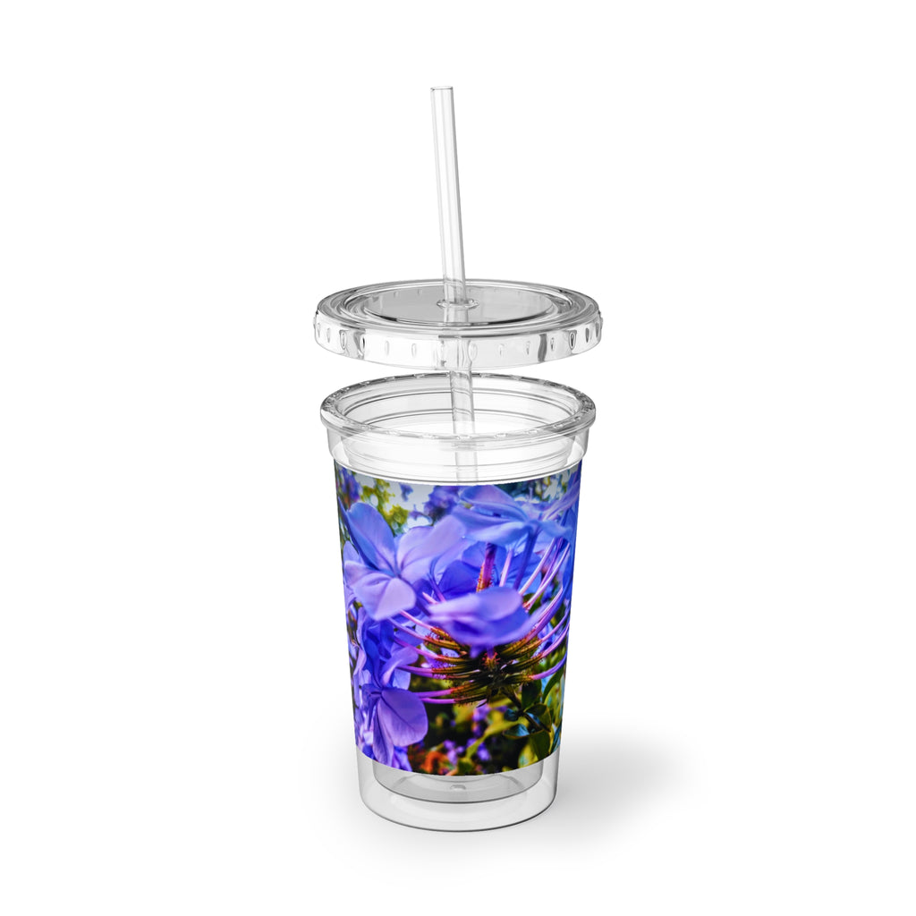 Blue Hydrangea Stem Acrylic Tumbler — Vibrant Purple Floral Print Reusable Cup