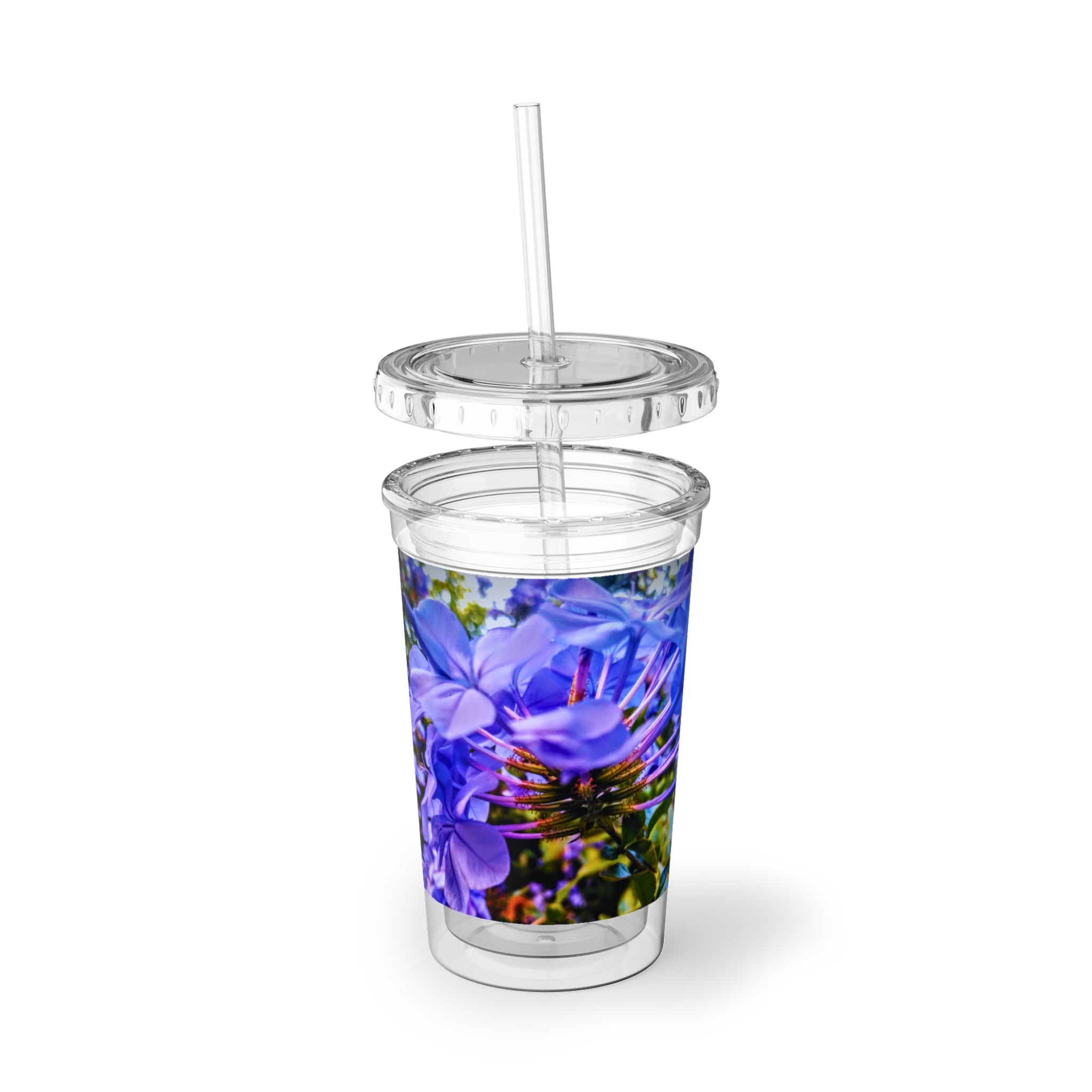 Blue Hydrangea Stem Acrylic Tumbler — Vibrant Purple Floral Print Reusable Cup