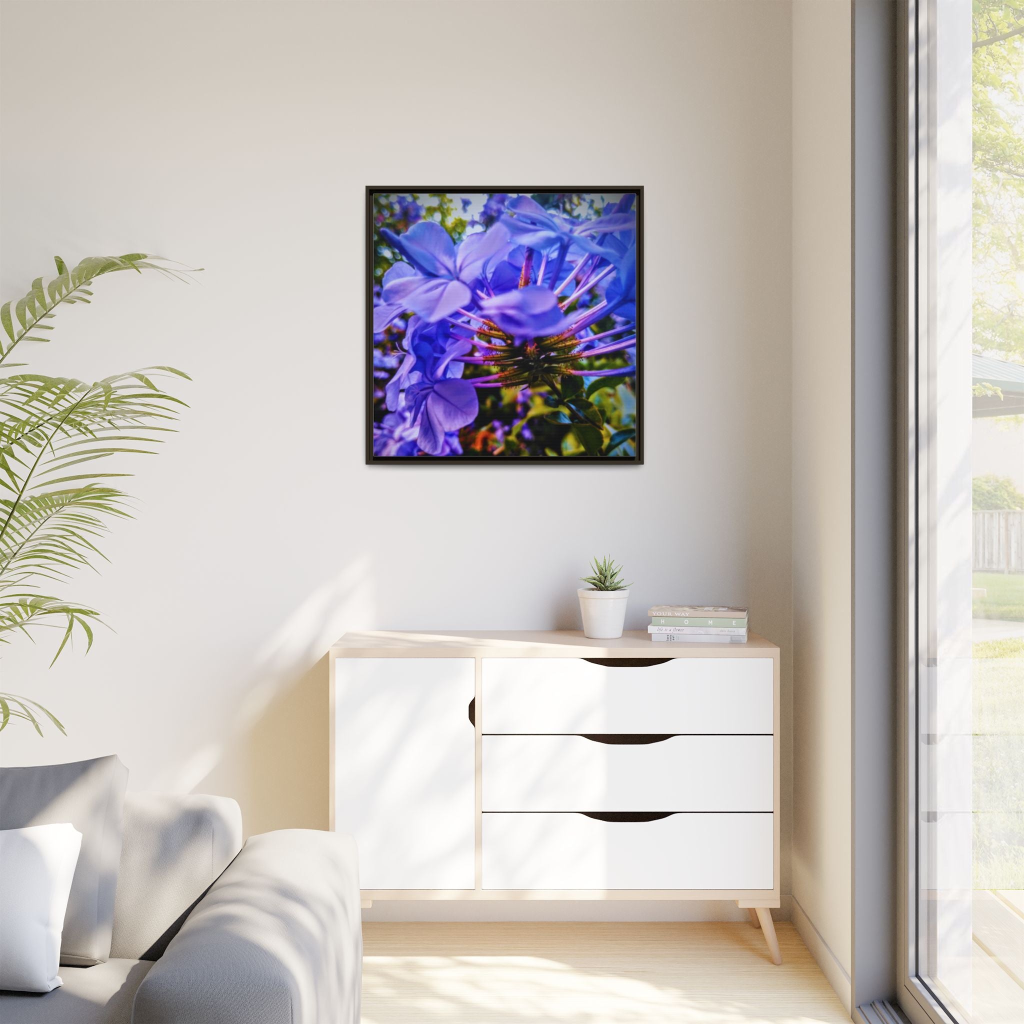 Blue Hydrangea Stem Matte Canvas Wall Art — Vibrant Close-Up Botanical Floral Print
