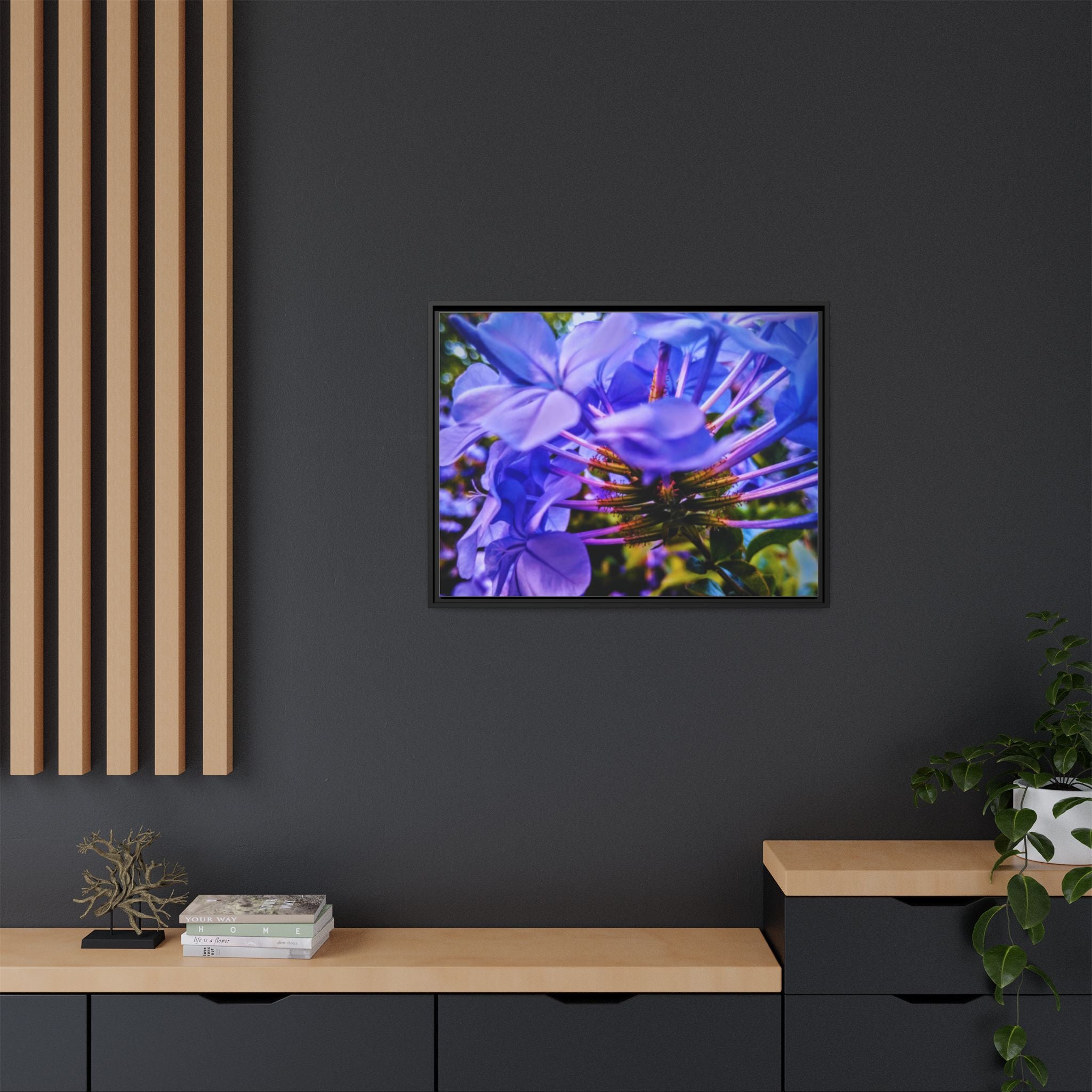 Blue Hydrangea Stem Matte Canvas Wall Art — Vibrant Close-Up Botanical Floral Print