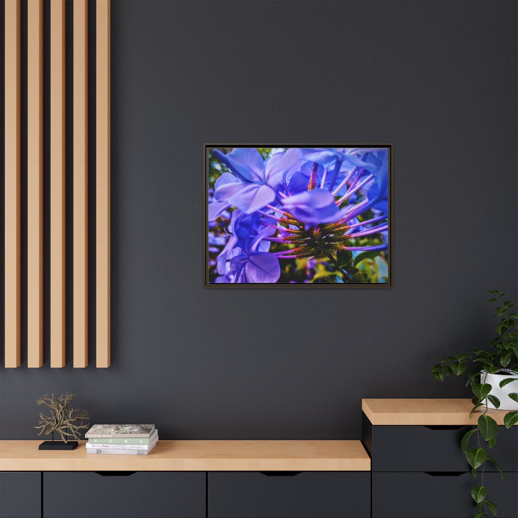 Blue Hydrangea Stem Matte Canvas Wall Art — Vibrant Close-Up Botanical Floral Print