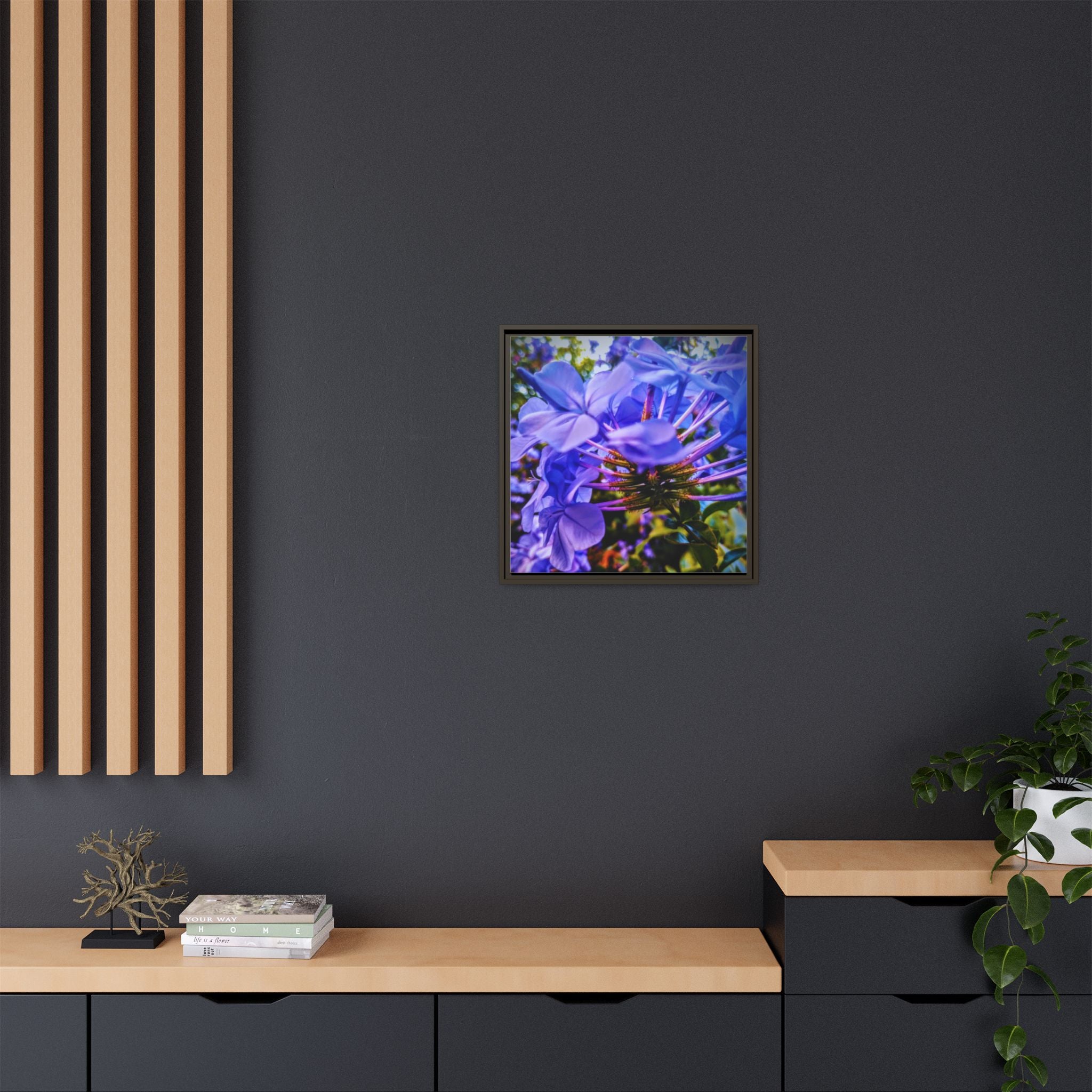 Blue Hydrangea Stem Matte Canvas Wall Art — Vibrant Close-Up Botanical Floral Print