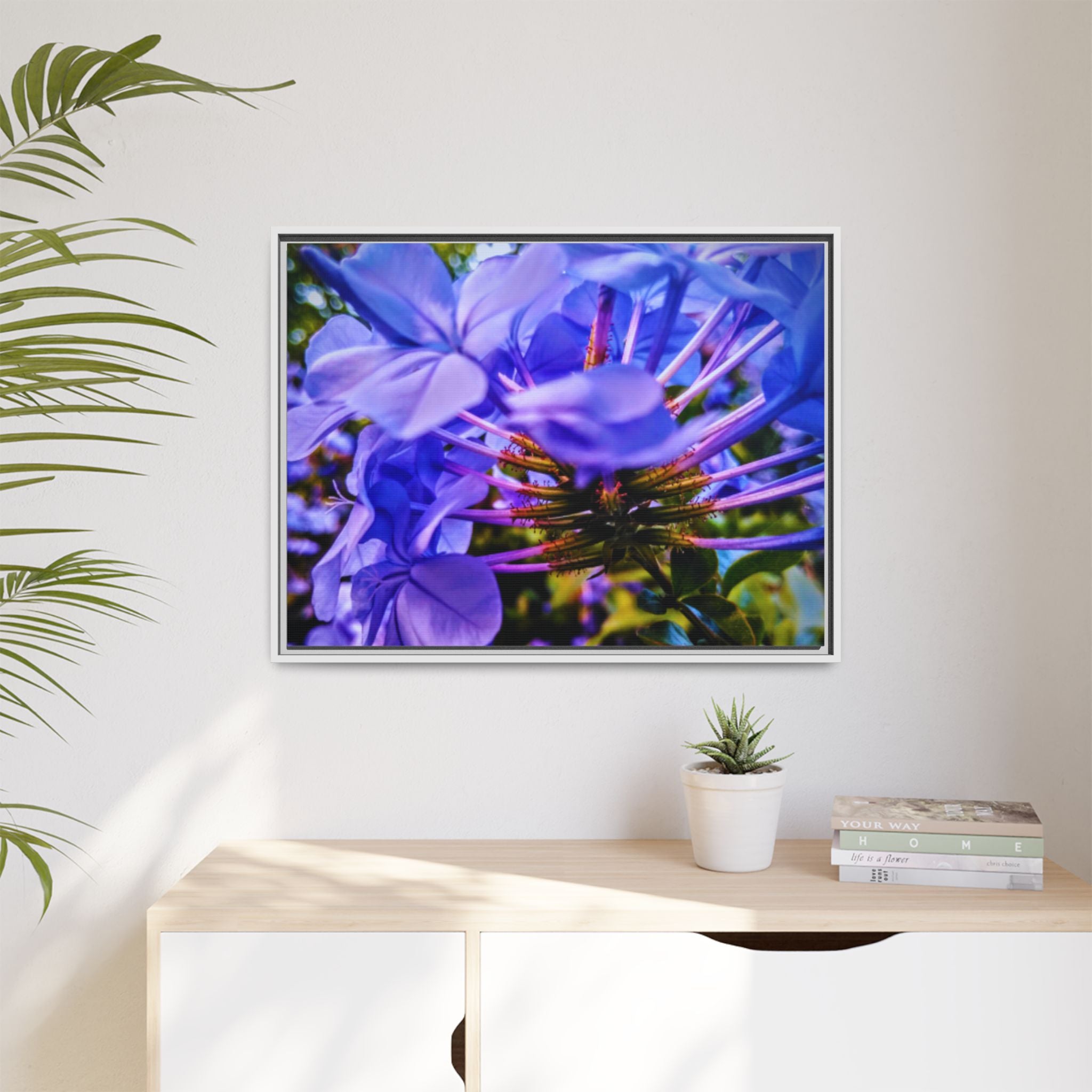 Blue Hydrangea Stem Matte Canvas Wall Art — Vibrant Close-Up Botanical Floral Print