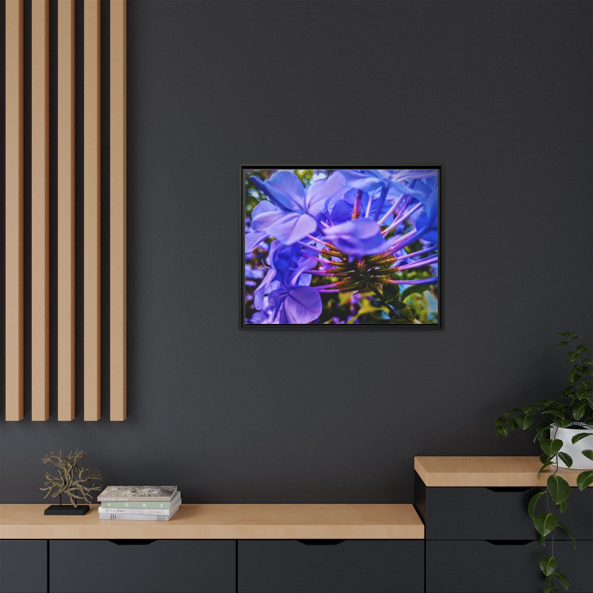 Blue Hydrangea Stem Matte Canvas Wall Art — Vibrant Close-Up Botanical Floral Print