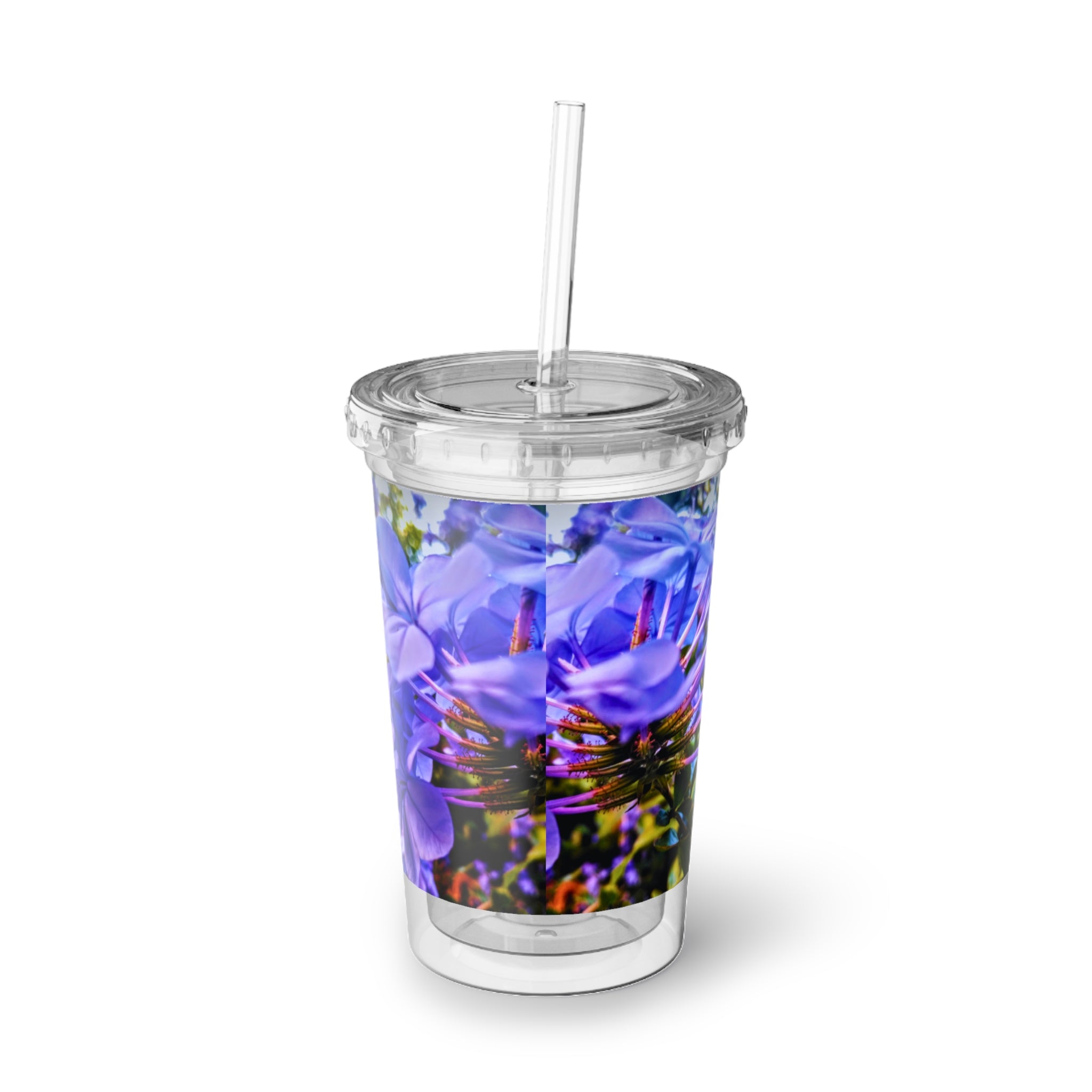 Blue Hydrangea Stem Acrylic Tumbler — Vibrant Purple Floral Print Reusable Cup