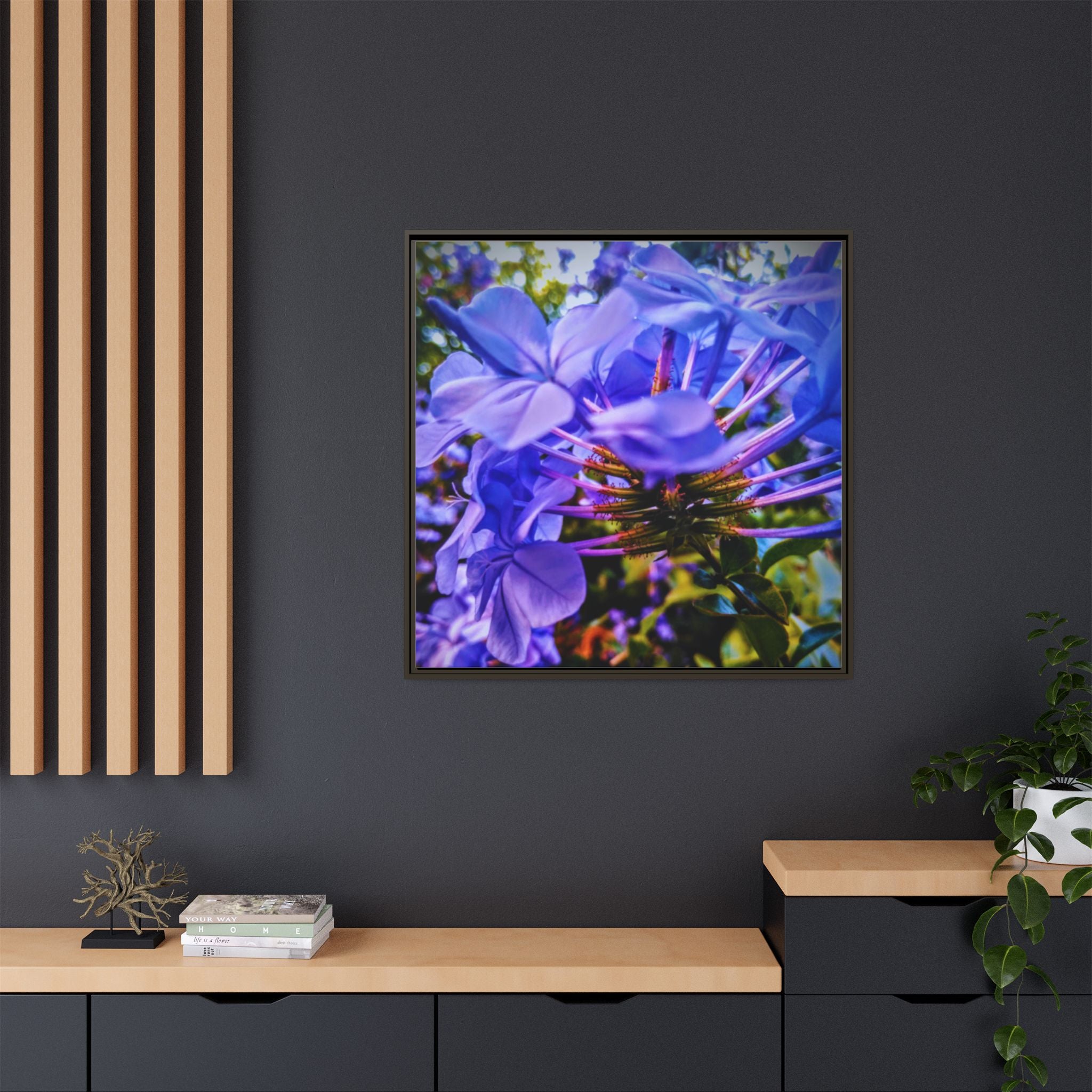 Blue Hydrangea Stem Matte Canvas Wall Art — Vibrant Close-Up Botanical Floral Print