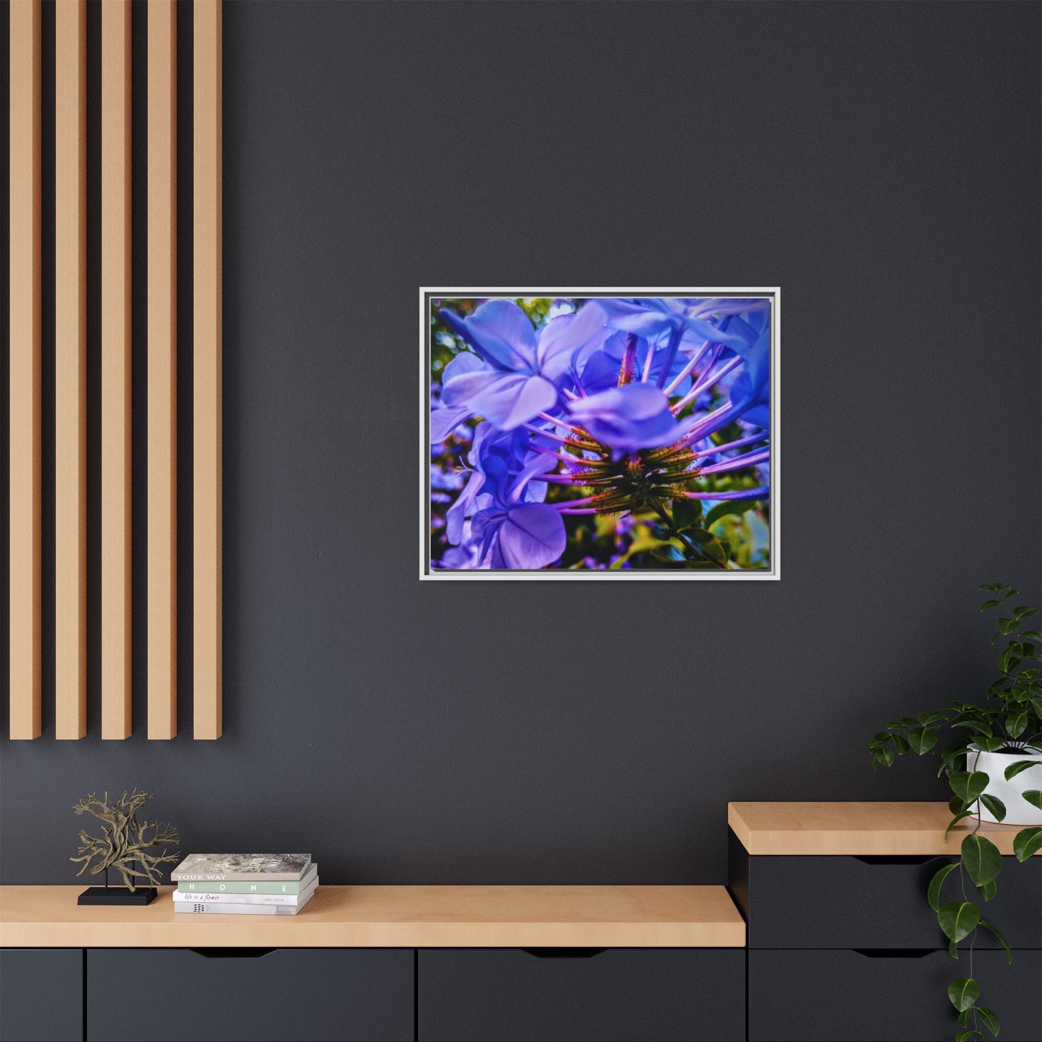 Blue Hydrangea Stem Matte Canvas Wall Art — Vibrant Close-Up Botanical Floral Print