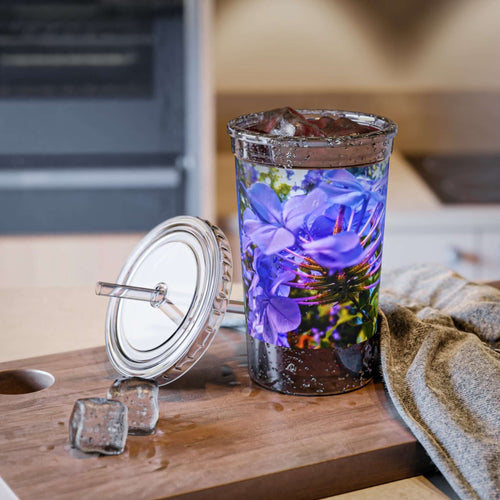 Blue Hydrangea Stem Acrylic Tumbler — Vibrant Purple Floral Print Reusable Cup