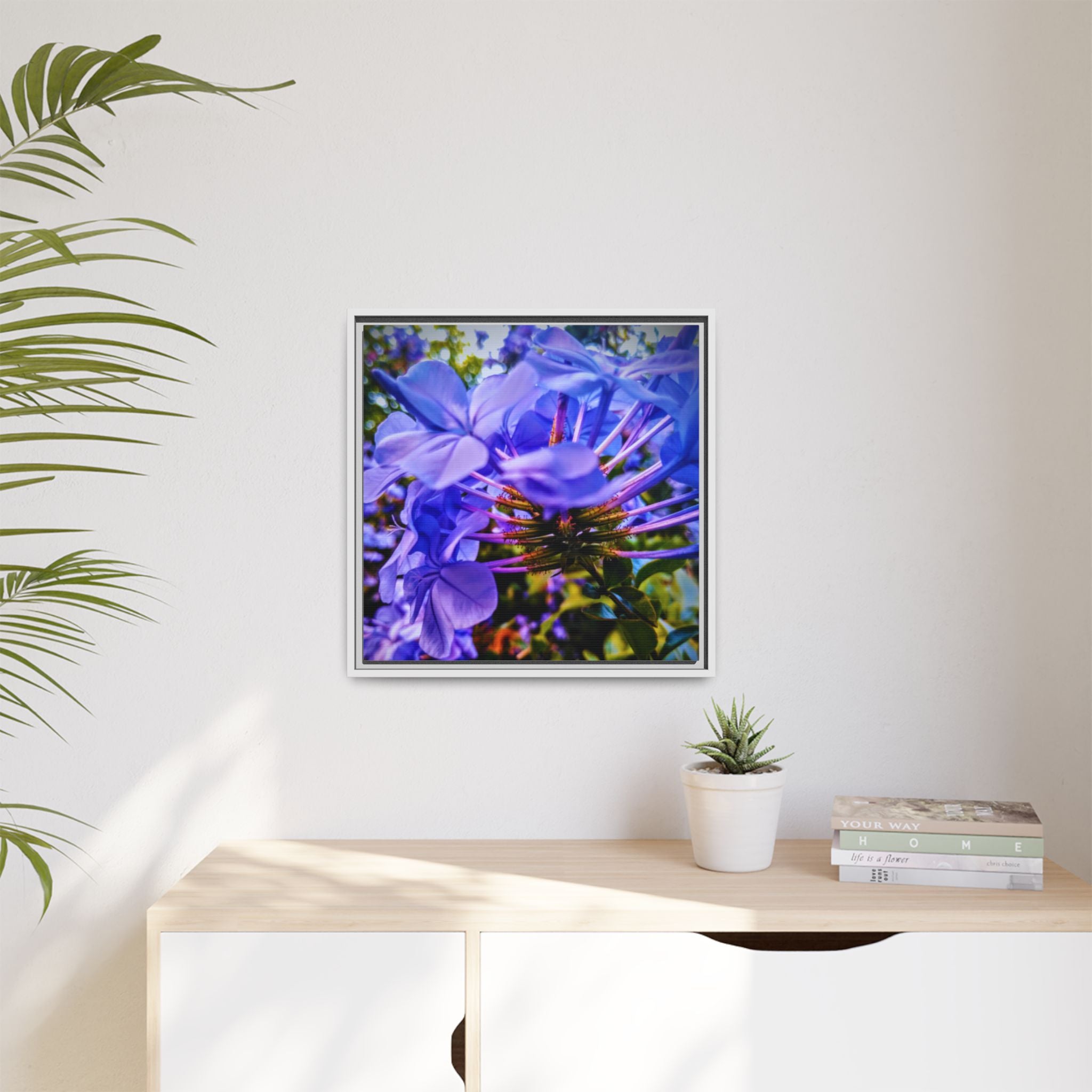 Blue Hydrangea Stem Matte Canvas Wall Art — Vibrant Close-Up Botanical Floral Print