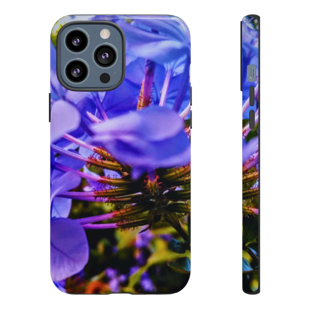 blue hydrangea stem protective case — close-up blue and purple floral design on dual-layer phone case with glossy finish