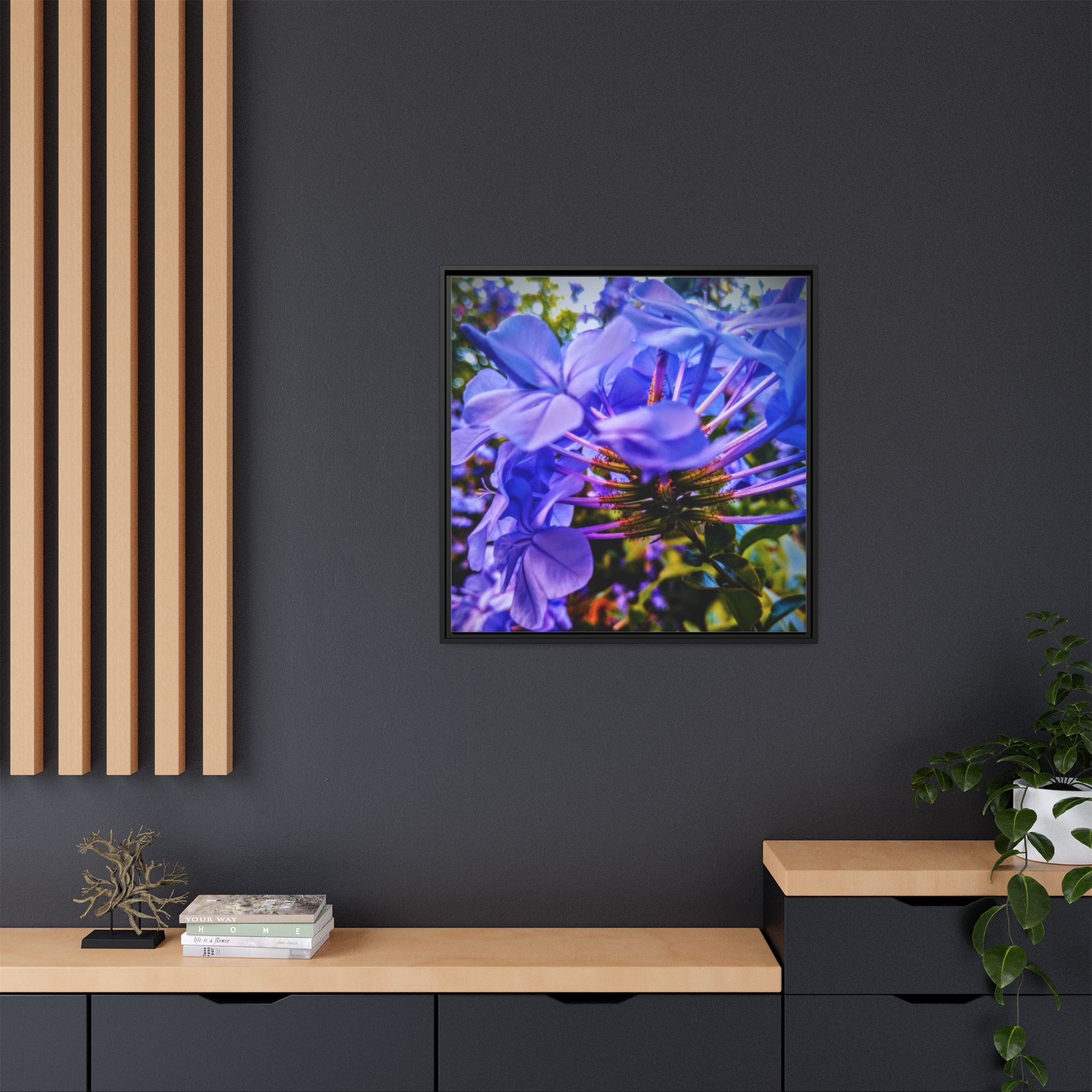 Blue Hydrangea Stem Matte Canvas Wall Art — Vibrant Close-Up Botanical Floral Print