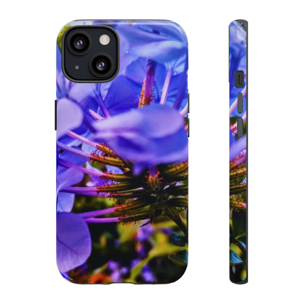 blue hydrangea stem protective case - slim dual-layer phone case with vivid purple/pink floral print, full-wrap 3D design, TPU liner, polycarbonate shell