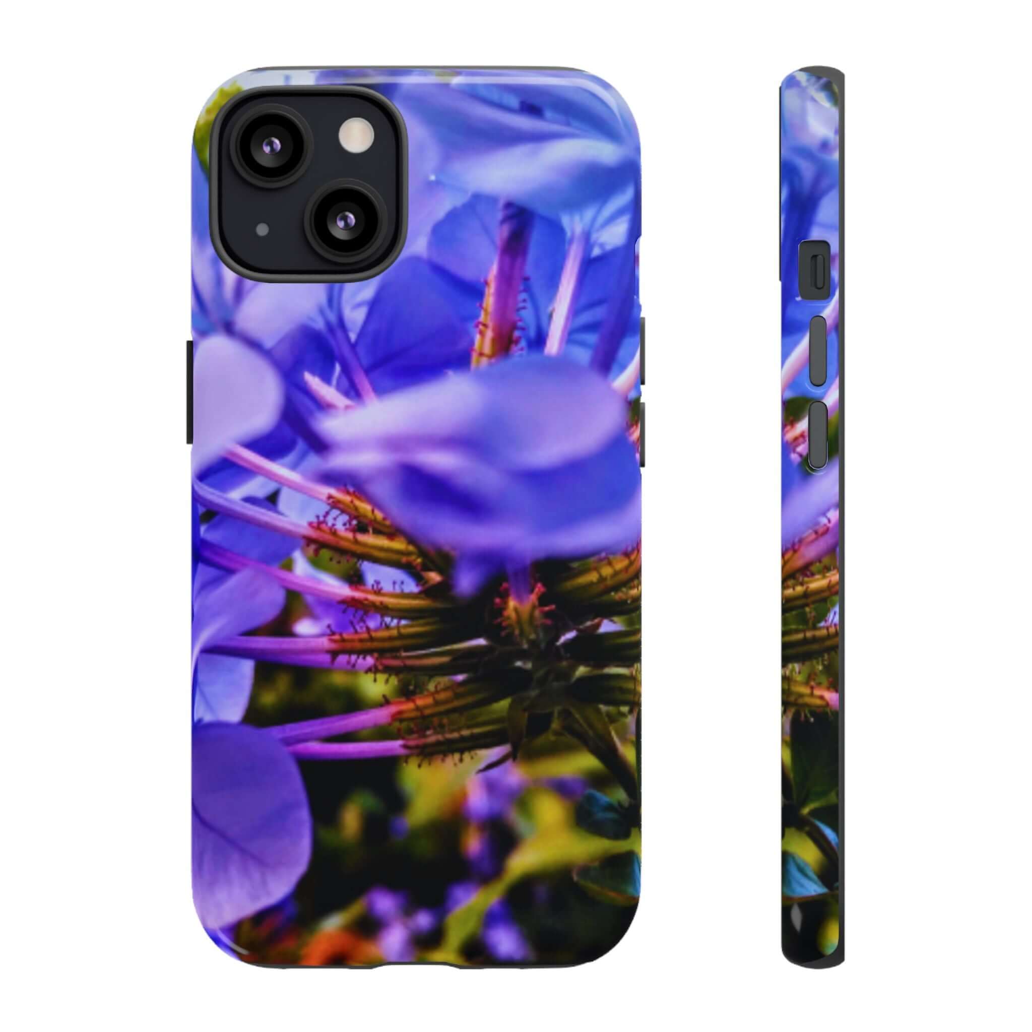 blue hydrangea stem protective case - slim dual-layer phone case with vivid purple/pink floral print, full-wrap 3D design, TPU liner, polycarbonate shell