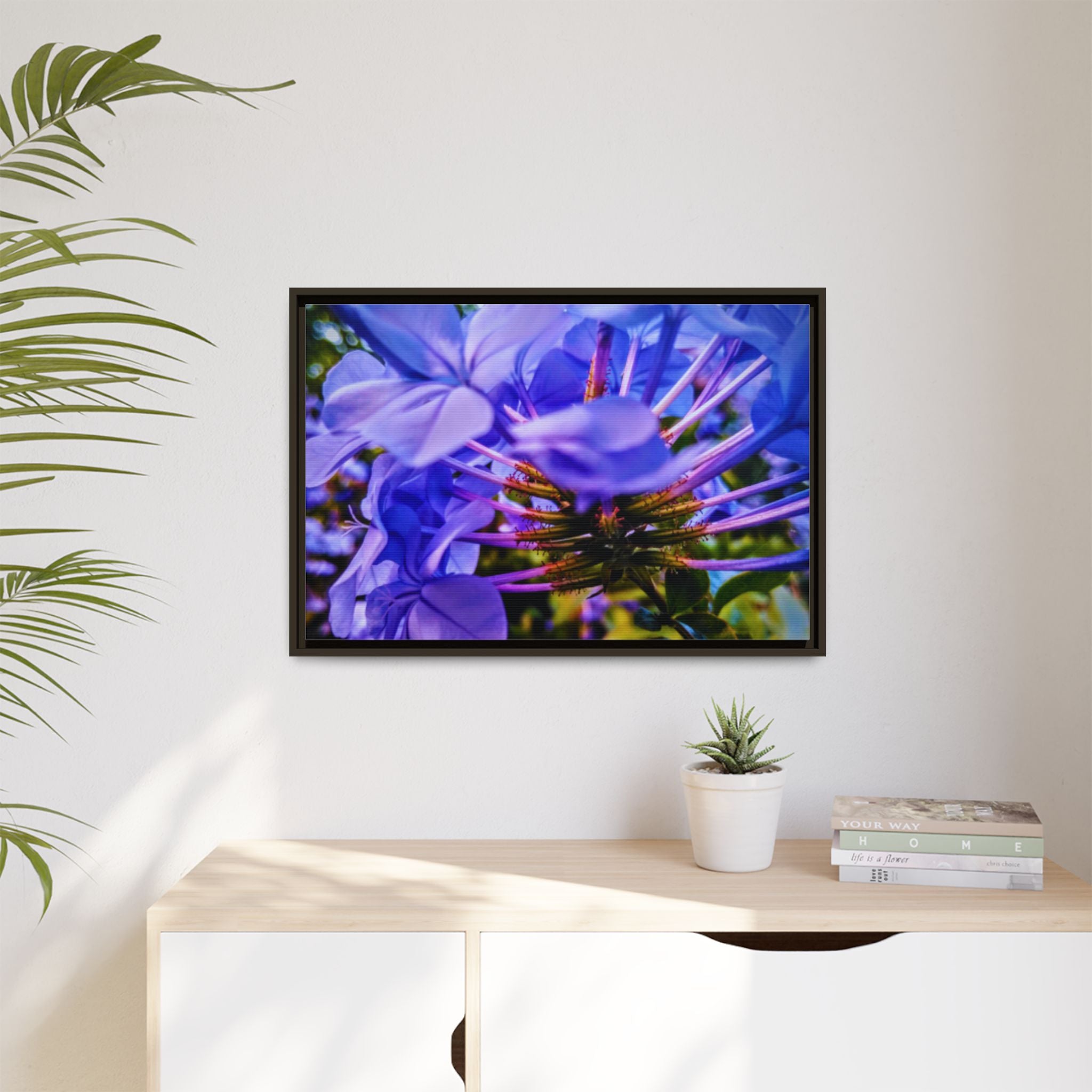 Blue Hydrangea Stem Matte Canvas Wall Art — Vibrant Close-Up Botanical Floral Print