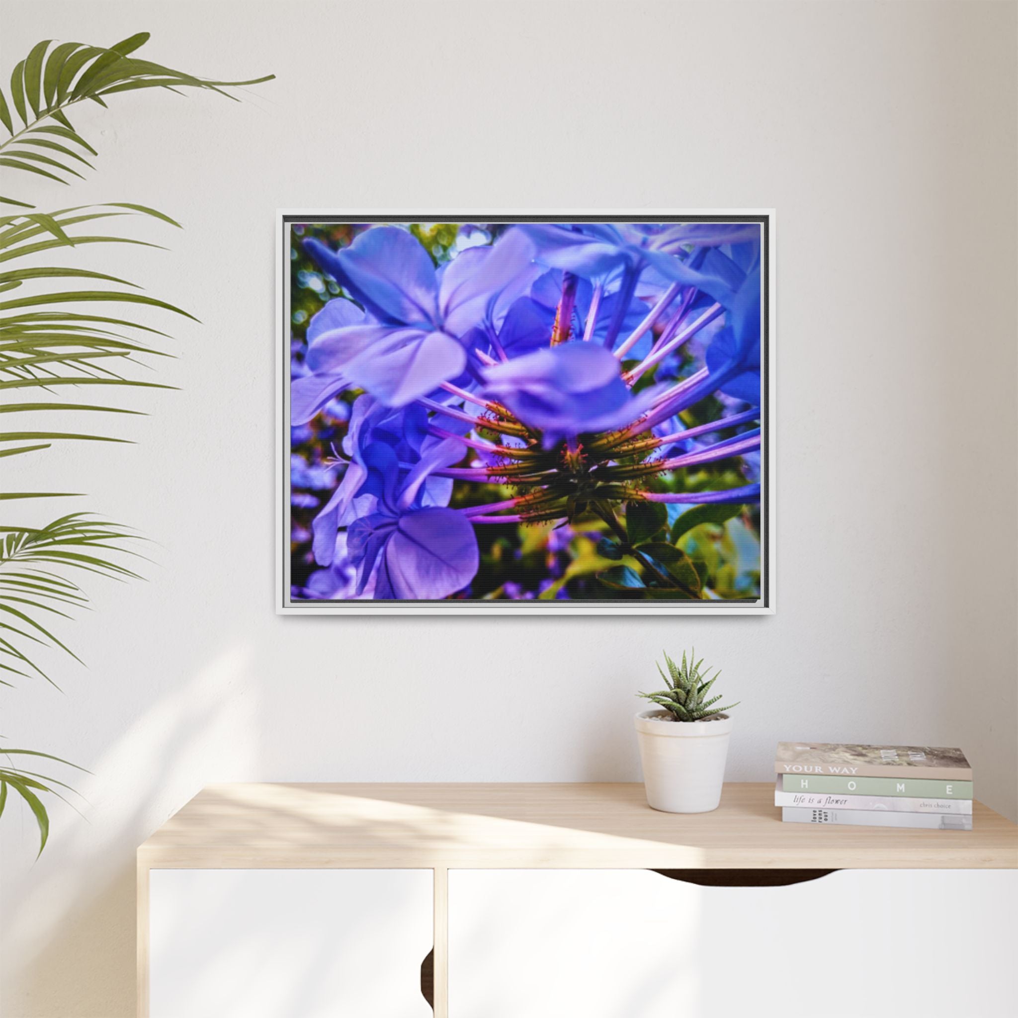 Blue Hydrangea Stem Matte Canvas Wall Art — Vibrant Close-Up Botanical Floral Print