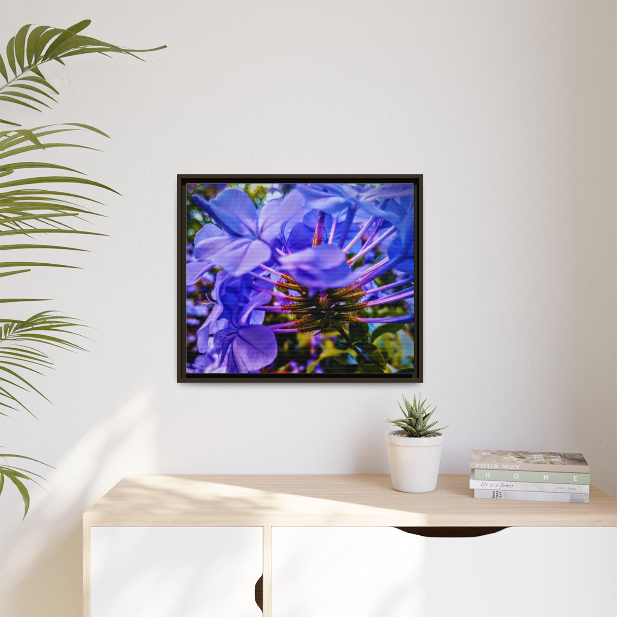 Blue Hydrangea Stem Matte Canvas Wall Art — Vibrant Close-Up Botanical Floral Print