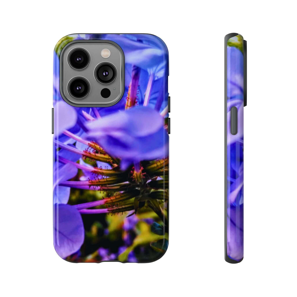 blue hydrangea stem protective case - protective slim dual-layer phone case with vivid blue hydrangea petals design, rugged polycarbonate shell and soft TPU liner