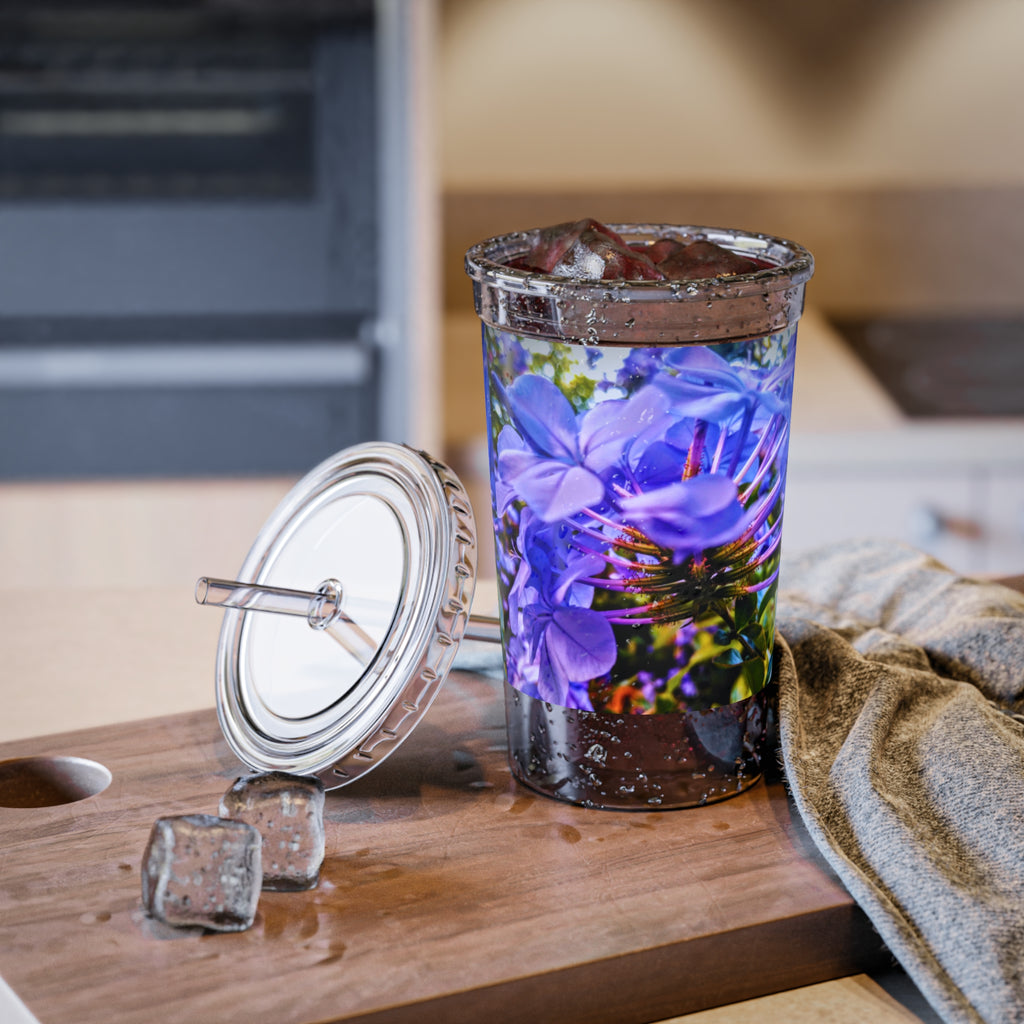 Blue Hydrangea Stem Acrylic Tumbler — Vibrant Purple Floral Print Reusable Cup