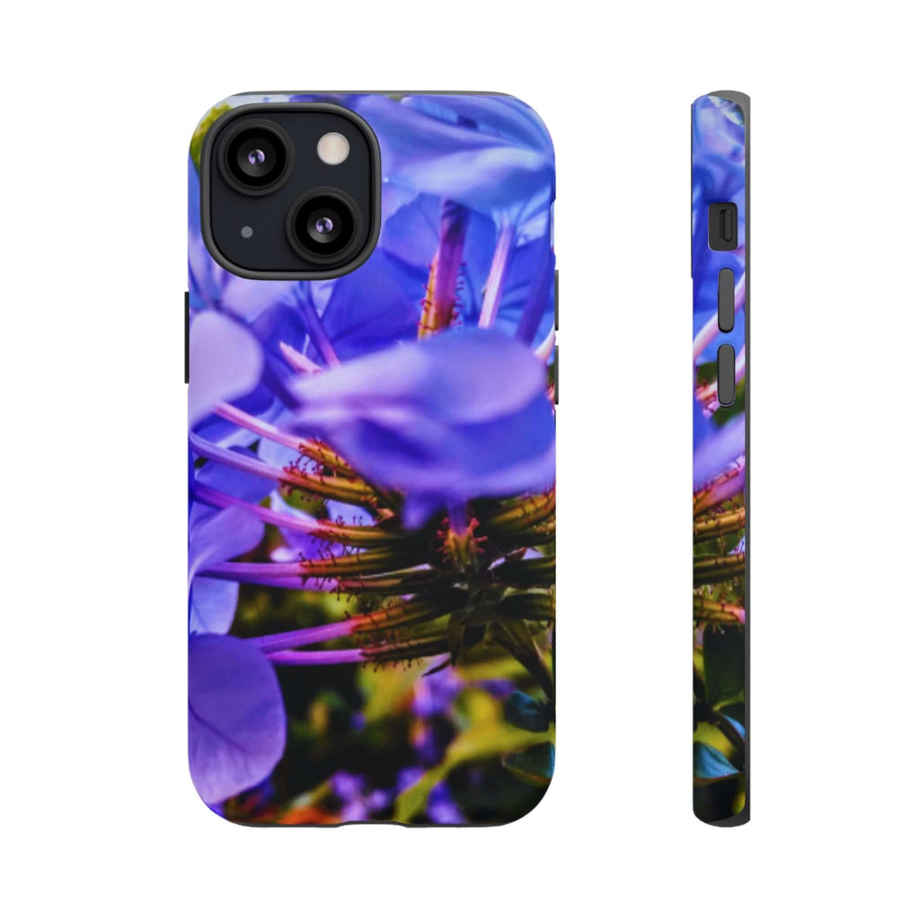 blue hydrangea stem protective case - blue hydrangea stem protective case on phone case with purple floral macro design, dual-layer protective, outdoor-ready